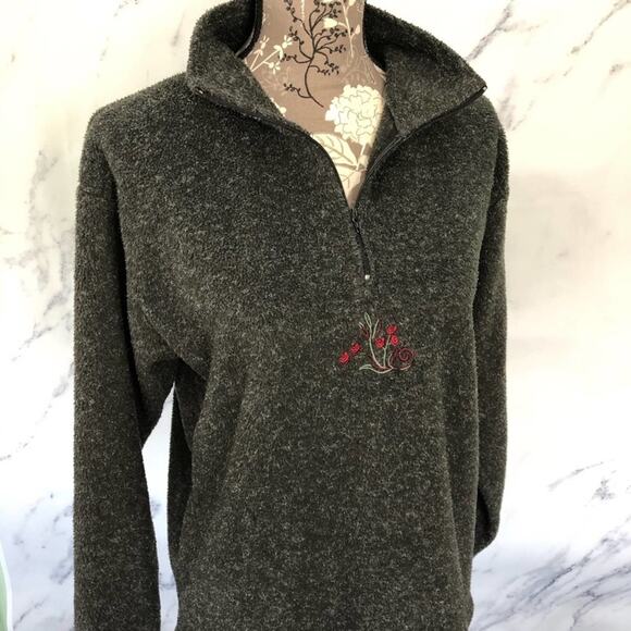 Victoria's Secret Tops - Victoria’s Secret Country Pullover Fleece Quarter Zip Floral Embroidery Gray